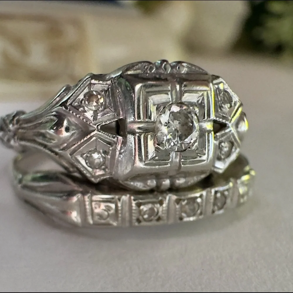 Antique 14K Gold Diamond Engagement Ring & Wedding Band 10K Gold Estate Art Deco - Picture 6 of 14